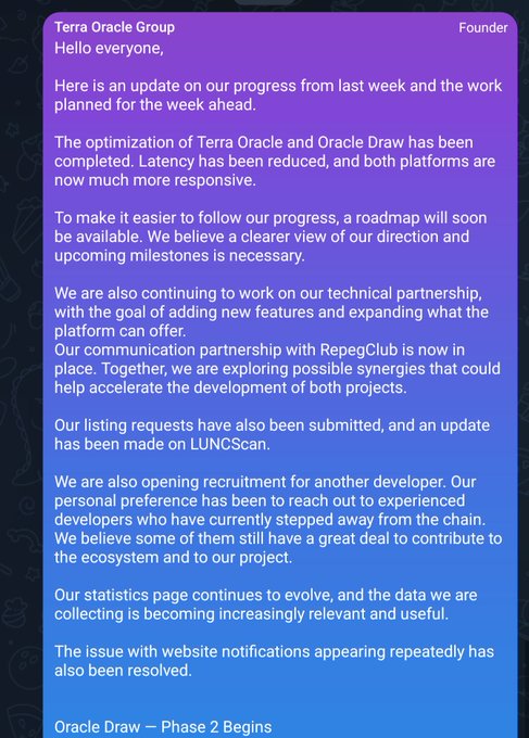 A blue gradient message card from Terra Oracle Group Founder providing a weekly project update on Terra Oracle and Oracle Draw developments.