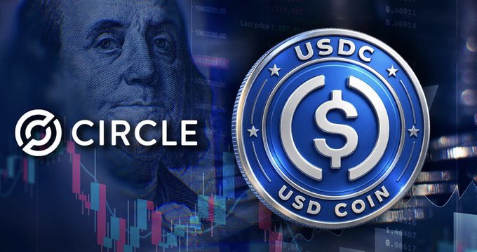 A promotional graphic featuring the Circle logo and a large silver USDC (USD Coin) token set against a backdrop of financial charts and a portrait of Benjamin Franklin.