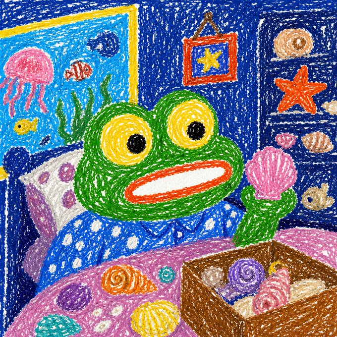 A colorful crayon-style illustration of a wide-eyed green frog character in a polka-dot outfit, surrounded by an underwater scene with a treasure chest of shells, a starfish, and an aquarium window.