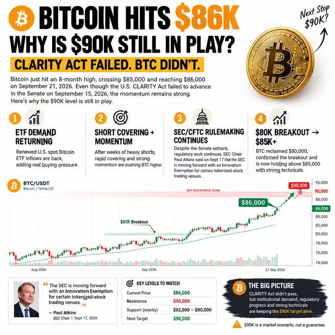 A financial infographic titled 'BITCOIN HITS $86K - WHY IS $90K STILL IN PLAY?' with 'CLARITY ACT FAILED. BTC DIDN'T.' covering ETF demand, short covering, SEC/CFTC rulemaking, and price chart data.
