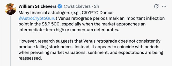 The image is a tweet from William Stickevers (@wstickevers) discussing Venus retrograde periods and their relationship to the S&P 500, claiming they mark important inflection points when the market approaches intermediate-term highs or momentum deteriorates, based on his research. The accompanying reply disputes his characterization, arguing he misrepresented the claim that 80-90% of the time there is a major reversal during Venus retrograde when markets are at all-time highs, not just intermediate-term highs.