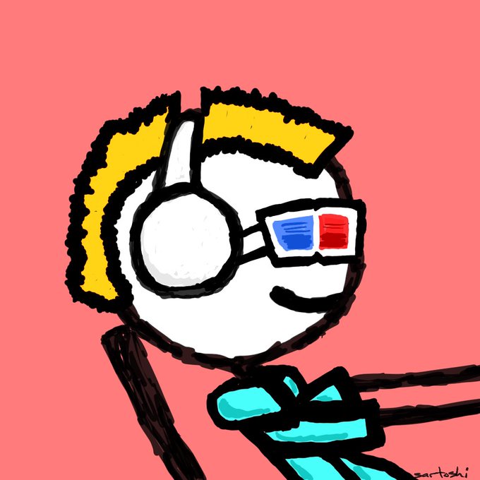 A digital drawing of a stick-figure character with blonde hair, headphones, and 3D glasses against a pink background. The image's casual, low-fidelity style aligns with the informal slang used in the post's caption.