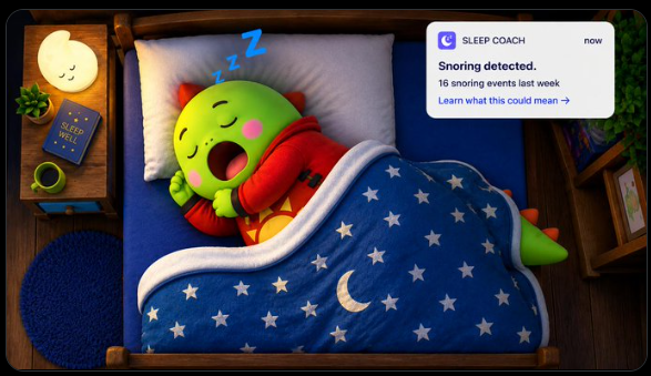 An illustrated advertisement showing a green dinosaur character sleeping in a star-patterned bed with "Zzz" above its head, accompanied by a notification reading "SLEEP COACH: Snoring detected. 16 snoring events last week."