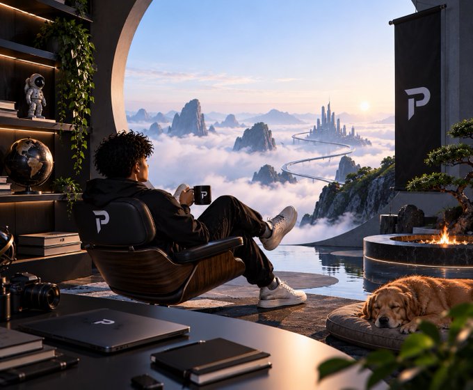 A person sits in a chair overlooking a cloud-filled landscape with mountains and a distant city, accompanied by a golden retriever resting nearby, with a 'P' logo visible on the chair, mug, laptop, and a flag in the room.