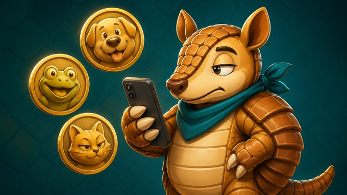 A cartoon illustration of an armadillo in a teal bandana looking at a smartphone, with three gold coins featuring a dog, frog, and cat beside it.