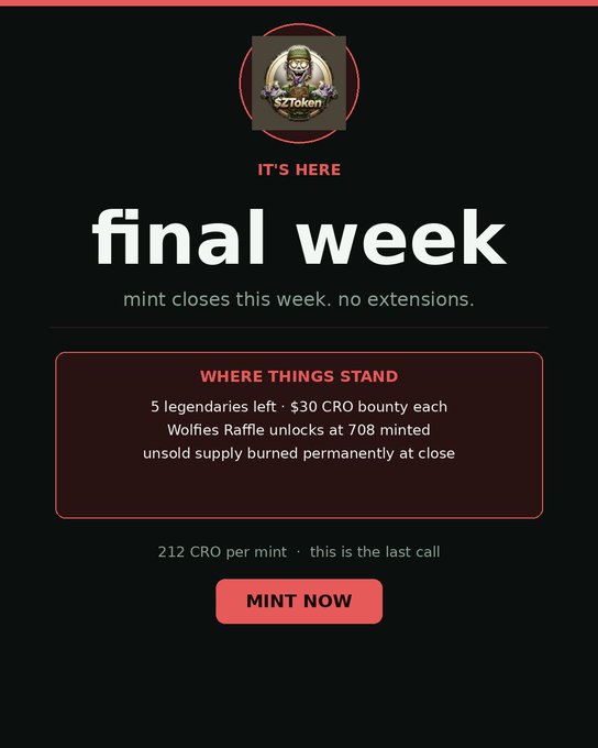 A dark promotional graphic featuring the logo '27 Token' announcing 'final week' with the text 'mint closes this week. no extensions.', detailing remaining 5 legendaries, a $30 CRO bounty, and a 'MINT NOW' button at the bottom.