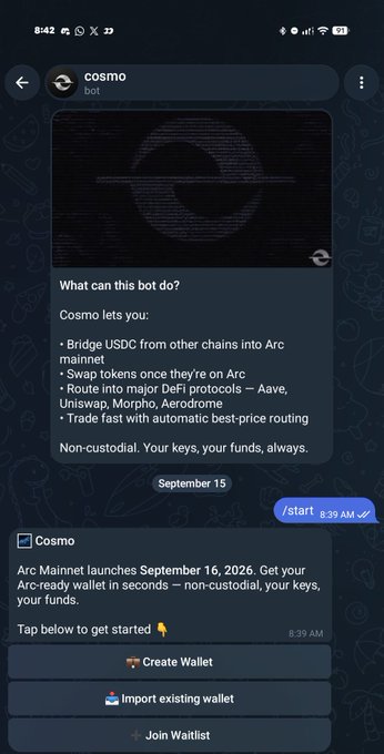 Telegram bot interface for 'cosmo' advertising an Arc Mainnet launch on September 16, 2026, with options to create wallet, import existing wallet, or join waitlist.