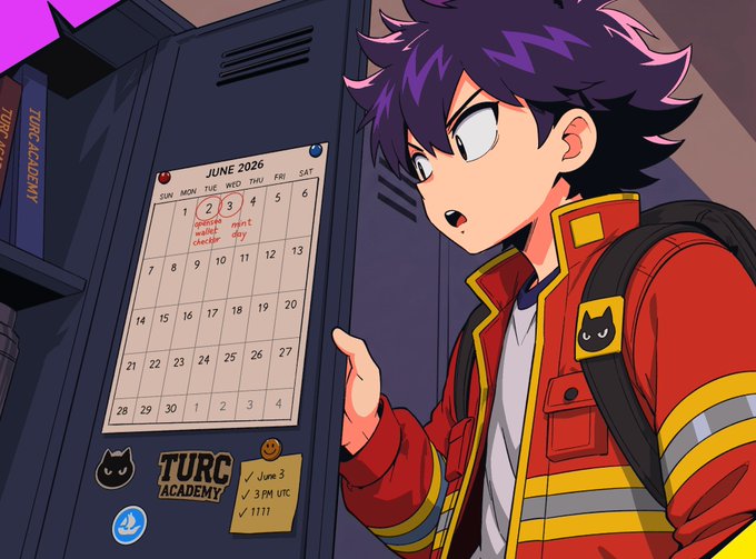 The image features a cartoon character, likely a boy or a girl, standing next to a locker with a calendar hanging above them. The character appears to be looking at the calendar, possibly planning their schedule for the week. The background of the image is dark, which contrasts with the colorful and detailed character design. There are also stickers on the locker that include the words "Turc NFT" and "NFT", suggesting a connection between the character's appearance and an online marketplace or digital art project.