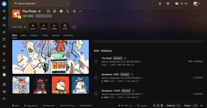 A screenshot of an OpenSea NFT mint page for 'The Floks' (Sept 2020), showing a mint schedule with allocations for The Vault, Residents-GTD, and Residents-FCFS, along with preview artwork featuring anthropomorphic animals.