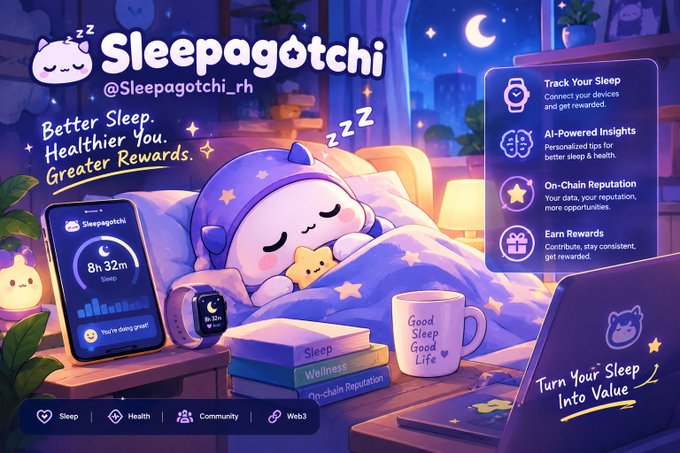 A promotional graphic for 'Sleepagotchi' (@Sleepagotchi_rh), a sleep-tracking app with the tagline 'Better Sleep. Healthier You. Greater Rewards.' featuring a cute character in bed and features like AI-Powered Insights, On-Chain Reputation, and Earn Rewards.