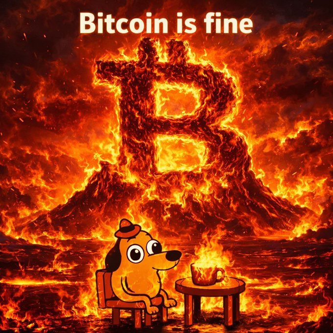 A meme featuring a cartoon dog sitting calmly at a table with a coffee mug, surrounded by raging flames with a fiery Bitcoin "B" logo in the background, captioned "Bitcoin is fine" at the top.