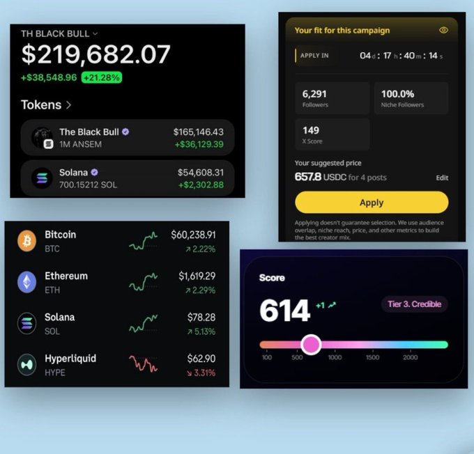 A dashboard displaying portfolio metrics for 'TH BLACK BULL' with a total value of $219,682.07 (+21.28%), showing holdings in tokens like 1M ANSEM ($165,146.43) and Solana (700.15 SOL), along with cryptocurrency prices (BTC, ETH, SOL, HYPE) and a campaign application interface showing 6,291 followers and a suggested price of 657.8 USDC, plus a Score of 614 (Tier 3 Credible).