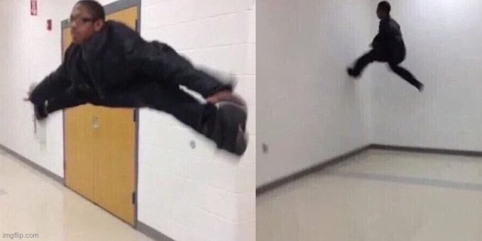 A side-by-side meme shows a person in mid-air 'floating' horizontally in a hallway on the left, while the right panel shows them in a normal jumping pose, creating an illusion of defying physics.