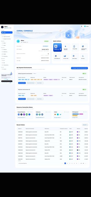 A screenshot of a web-based 'CORAL CONSOLE' dashboard displaying payment environments, transaction actions, and recent payment orders.