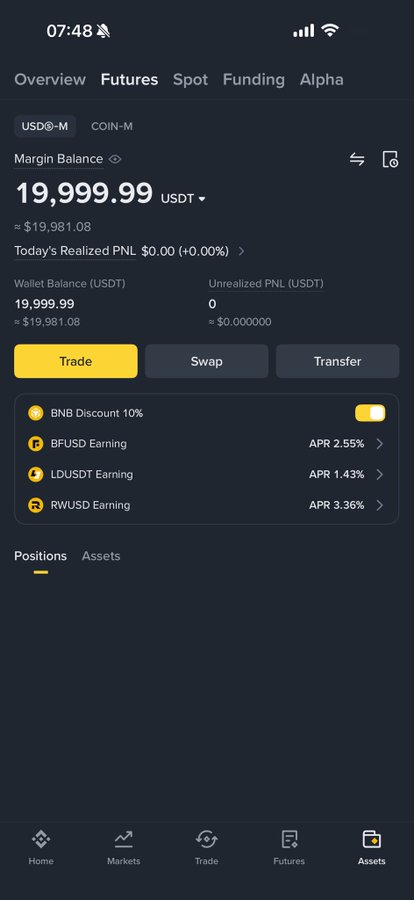 A Binance Futures app screenshot showing a USDⓈ-M Margin Balance of 19,999.99 USDT (≈$19,981.08) with no active positions, illustrating the post's message that a modest 20,000 USDT starting balance is enough to begin trading, since skill matters more than capital size.