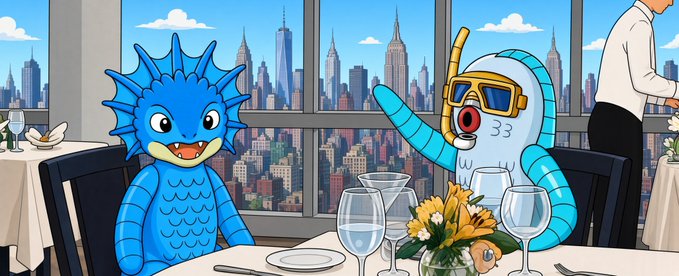 A cartoon illustration shows a blue sea creature and a scuba diver character sitting at a restaurant table with a view of the New York City skyline behind them.