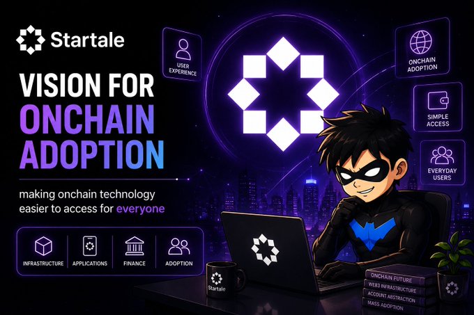 A 'VISION FOR ONCHAIN ADOPTION' promotional graphic for Startale, featuring a masked cartoon character at a laptop and tags like 'USER EXPERIENCE', 'SIMPLE ACCESS', and 'EVERYDAY USERS'.