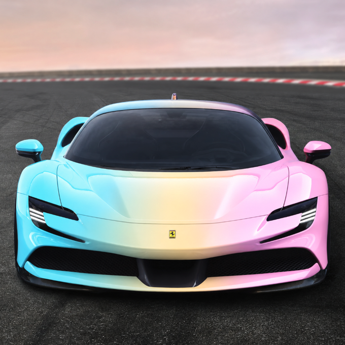 A 3D render of a Ferrari sports car with an iridescent pink, blue, and yellow gradient paint job, parked on an asphalt track under a cloudy sky.