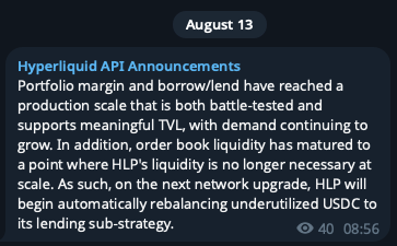 A Telegram-style announcement dated August 13 titled 'Hyperliquid API Announcements' discussing portfolio margin, borrow/law, and HLP liquidity rebalancing on next network upgrade.