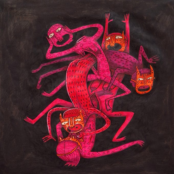 A vibrant, surreal illustration on a black background depicting intertwined pink and red figures with multiple limbs and orange, mask-like faces.