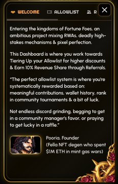The image is a dark-themed welcome dashboard for the "Fortune Foes" project, featuring founder Pooria's message about an allowlist system offering higher discounts and 10% revenue share through referrals, alongside an NFT-style avatar portrait. It visually reinforces the post's claim of Fortune Foes being an innovative GameFi/RWA project with unique art and new mechanics for NFT launches and web3 earning.