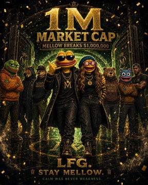 Promotional poster celebrating '1M MARKET CAP' milestone for $MELLOW, featuring mascots in leather jackets with text 'LFG STAY MELLOW'.