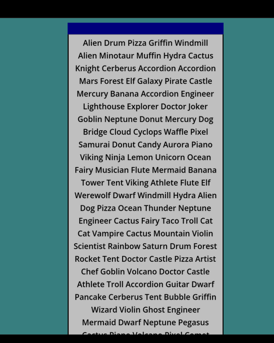 A list of seemingly random words and phrases on a white card with a blue border against a teal background, including terms like 'Alien Drum Pizza Griffin Windmill' and 'Viking Ninja Lemon Unicorn Ocean'.