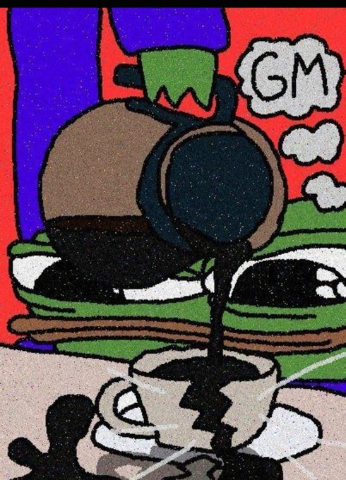 A crude cartoon drawing showing a burger with a green hand on top pouring black liquid from a coffee pot into a cup below, with a thought bubble reading 'GM'.