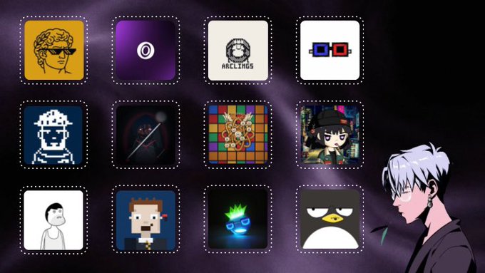 A grid of 12 NFT avatars in various pixel art styles with a silver-haired anime character in the bottom right corner looking at them.