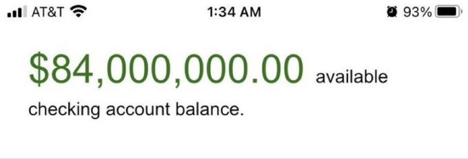 A mobile banking screenshot from an AT&T iPhone showing a checking account balance of $84,000,000.00 available at 1:34 AM.