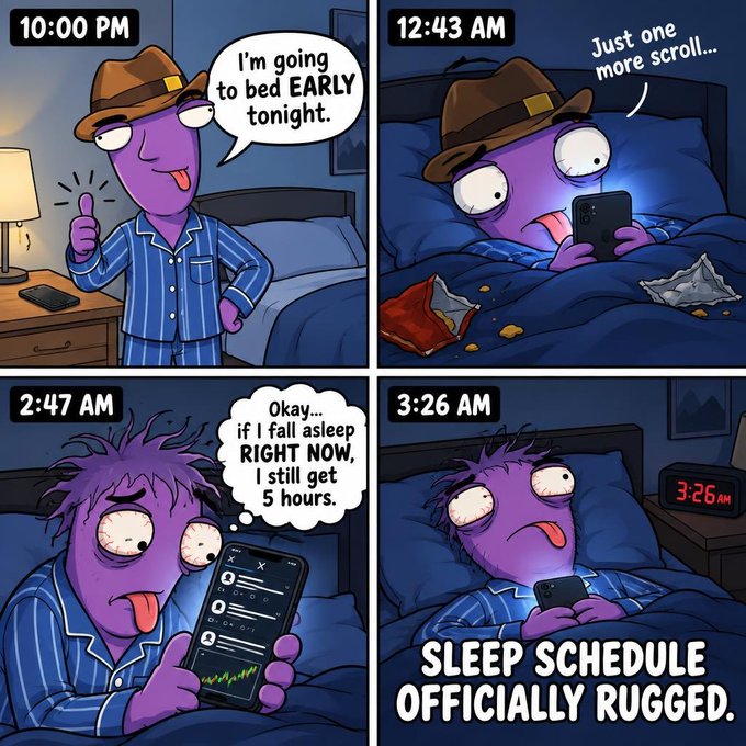 A four-panel comic depicting a purple character whose sleep schedule progressively worsens from '10:00 PM' to '3:26 AM', ending with the text 'SLEEP SCHEDULE OFFICIALLY RUGGED.'
