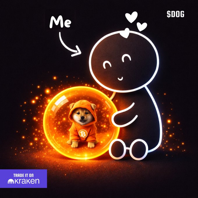 A neon-outlined stick figure labeled "Me" sits lovingly next to a Shiba Inu wearing an orange Bitcoin hoodie inside a glowing bubble, with "$DOG" in the corner and a purple "Trade It on Kraken" banner at the bottom. The image perfectly matches the post's "Love $DOG" message, showing affection for the Dogecoin cryptocurrency through the heartwarming embrace of the dog mascot.