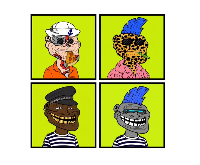 Four cartoon NFT-style character portraits on bright green backgrounds, featuring quirky characters including one in a sailor hat eating pizza, a leopard-print character with a blue mohawk, a sailor with a big grin, and a gray character with a blue mohawk.