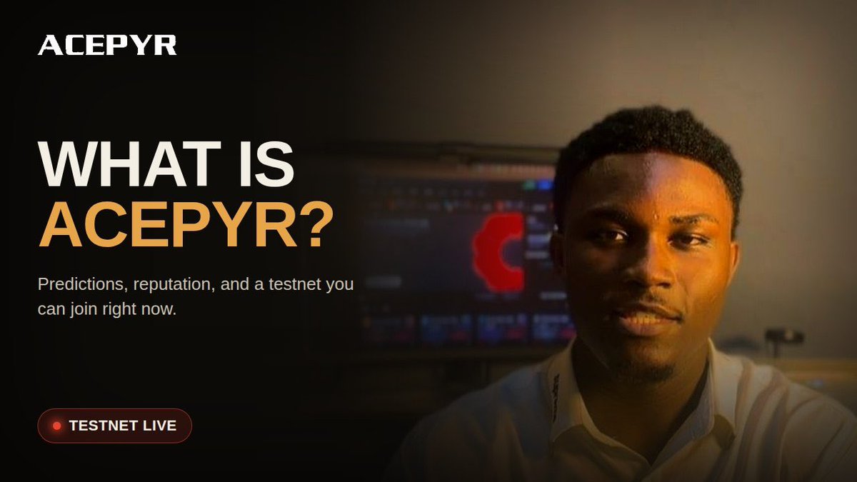A promotional image for 'ACEPYR' with the tagline 'Predictions, reputation, and a testnet you can join right now,' featuring a young man in front of a monitor and a 'TESTNET LIVE' badge.