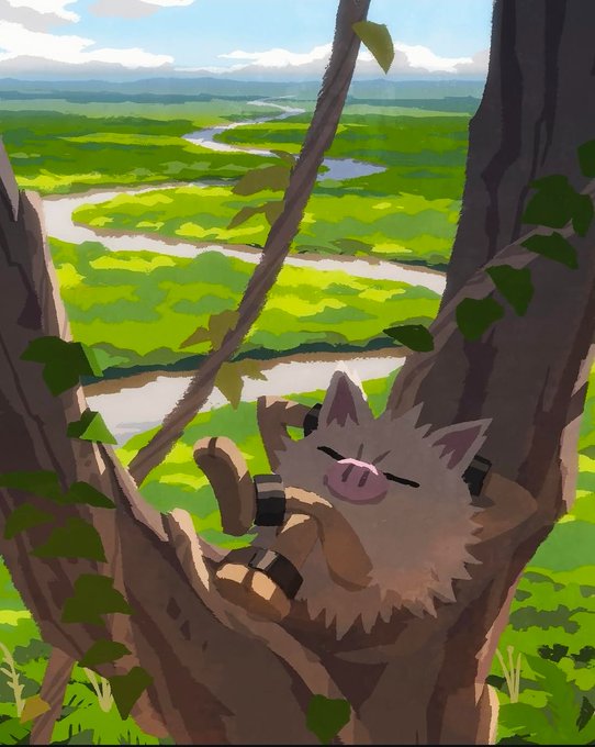 An illustration of a pig-like creature with spiky hair relaxing in a tree overlooking a winding river and green landscape.
