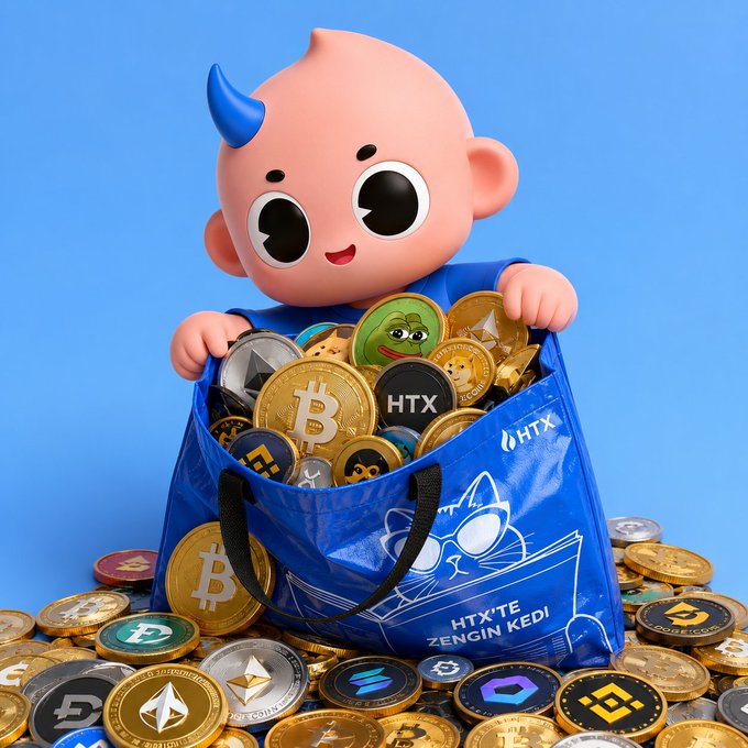 The image features a small, cartoon-like figure holding a blue bag filled with various coins. The bag has the words "HTC" written on it, indicating that these are Bitcoin coins. The coin collection includes both gold and silver coins, as well as some Bitcoins. The scene is set against a blue background, which contrasts nicely with the colorful coins in the bag.