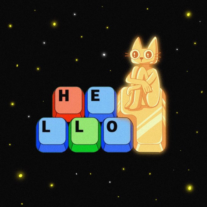 A glowing golden cat with large eyes sits atop colorful building blocks spelling out "HELLO" against a starry night sky background, tying into the welcoming "Say hi" theme of the post and the $CETS ticker.