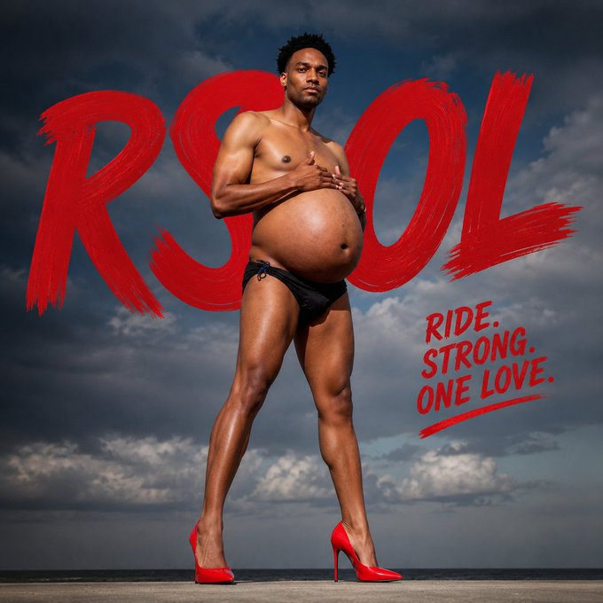 A magazine-style cover featuring a muscular man in black briefs and red high heels posing against a cloudy sky backdrop, with large red 'RSOL' text and the tagline 'RIDE. STRONG. ONE LOVE.'