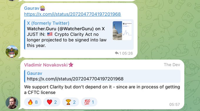 A Telegram chat screenshot showing messages from Gaurav sharing a Watcher.Guru tweet about the US Crypto Clarity Act not being signed into law this year, followed by a reply from Vladimir Novakovski discussing support for Clarity and a CFTC license process.