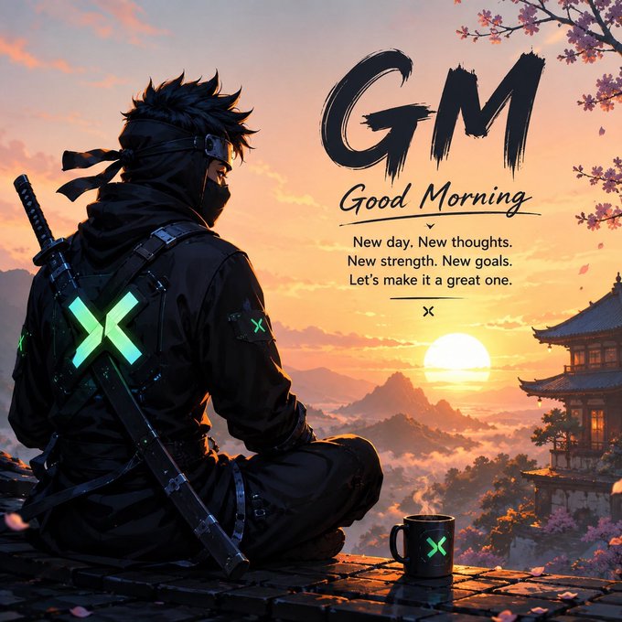 An anime-style illustration of a ninja warrior with a sword on his back sitting in meditation at sunrise, featuring the text 'GM Good Morning, New day. New thoughts. New strength. New goals. Let's make it a great one.'