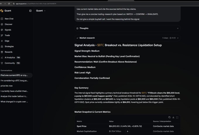Screenshot of a 'Quant' app interface displaying a trading analysis titled 'Signal Analysis - $BTC: Breakout vs. Resistance Liquidation Setup' showing spot price of $84,810.00 and market cap of $1.704 Trillion.
