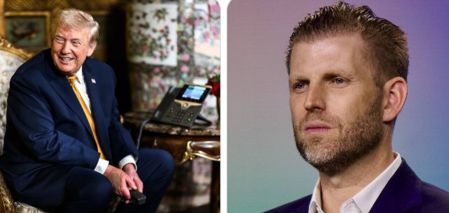 The image shows Donald Trump on the left and Eric Trump on the right, relating to news that Eric Trump has debunked rumors of a new Trump coin.