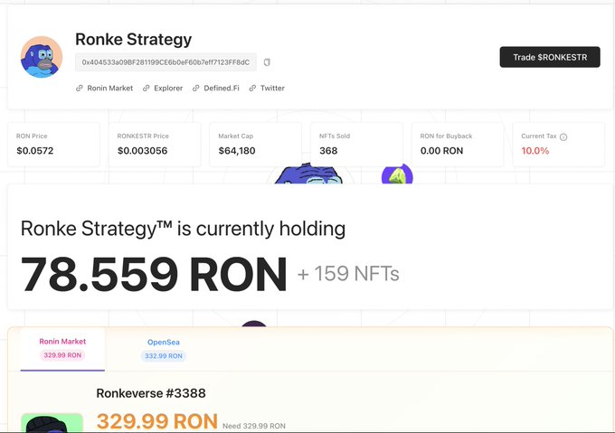 A web page showing the 'Ronke Strategy' crypto token dashboard, displaying 78.559 RON holdings with metrics like RON Price ($0.0572) and Market Cap ($64,180).