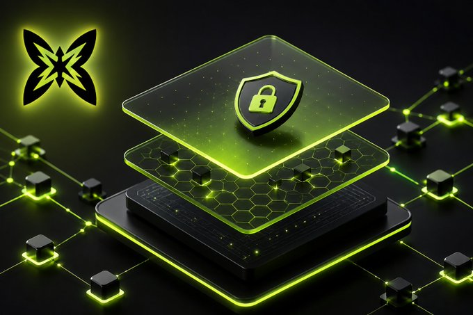 A glowing stack of layered transparent platforms with a shield/lock icon sits above a dark circuit board, framed by a yellow butterfly logo in the corner—visually echoing the "layered, layered 2" tech upgrade theme described in the post.
