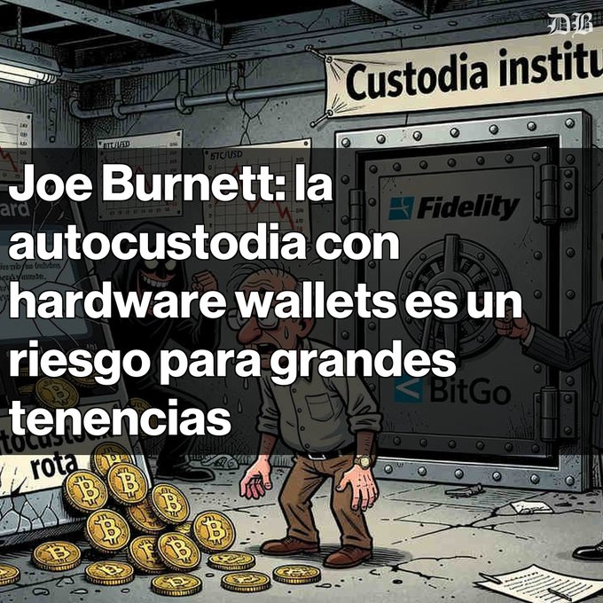The image is a cartoon-style illustration showing a hooded thief with a grin attempting to steal from a vault labeled "Custodia institu..." while a figure representing Bitcoin holders stands amid scattered BTC coins. The overlay text reads: "Joe Burnett: la autocustodia con hardware wallets es un riesgo para grandes tenencias." 

The image visually reinforces the post's theme by depicting the vulnerability of hardware wallet self-custody for large Bitcoin holdings, aligning with Joe Burnett's warning about the $70 million exploit affecting Coldcard users.