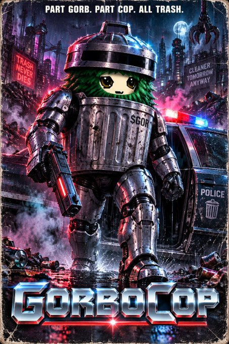 A parody movie poster titled 'GORBOCOP' features a trash can-headed cyborg with the tagline 'PART GORB. PART COP. ALL TRASH.' standing in a gritty, neon-lit cityscape.