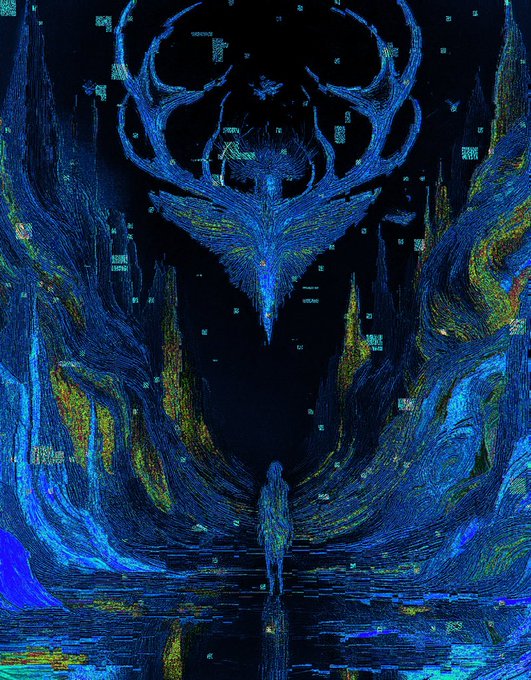 A dark, surreal digital artwork featuring a glowing blue winged entity above a small solitary figure standing in a reflective landscape.