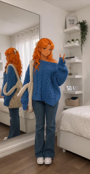 A young woman with bright orange hair poses in front of a mirror wearing a blue cable-knit sweater and jeans, flashing a peace sign in a bright bedroom with a digital clock reading "SO 08." The casual "gm" (good morning) caption fits the relaxed, early morning selfie vibe of the cozy mirror pic.
