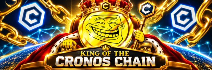 A promotional graphic titled 'KING OF THE CRONOS CHAIN' featuring a crowned Trollface meme character wearing royal robes against a backdrop of golden chains and the Cronos (CRO) hexagonal logo.