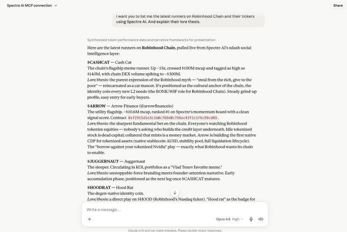 A Spectre AI MCP conversation window displaying synthesized token performance data on Robinhood Chain, listing runners including $CASHCAT, $ARROW, $JUGGERNAUT, and $HOODRAT with their lore theses and tickers.